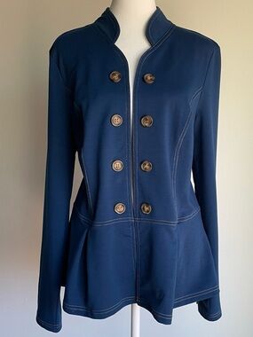 Ophelia Roe Blue Lightweight Military Jacket with Peplum Waist, size L